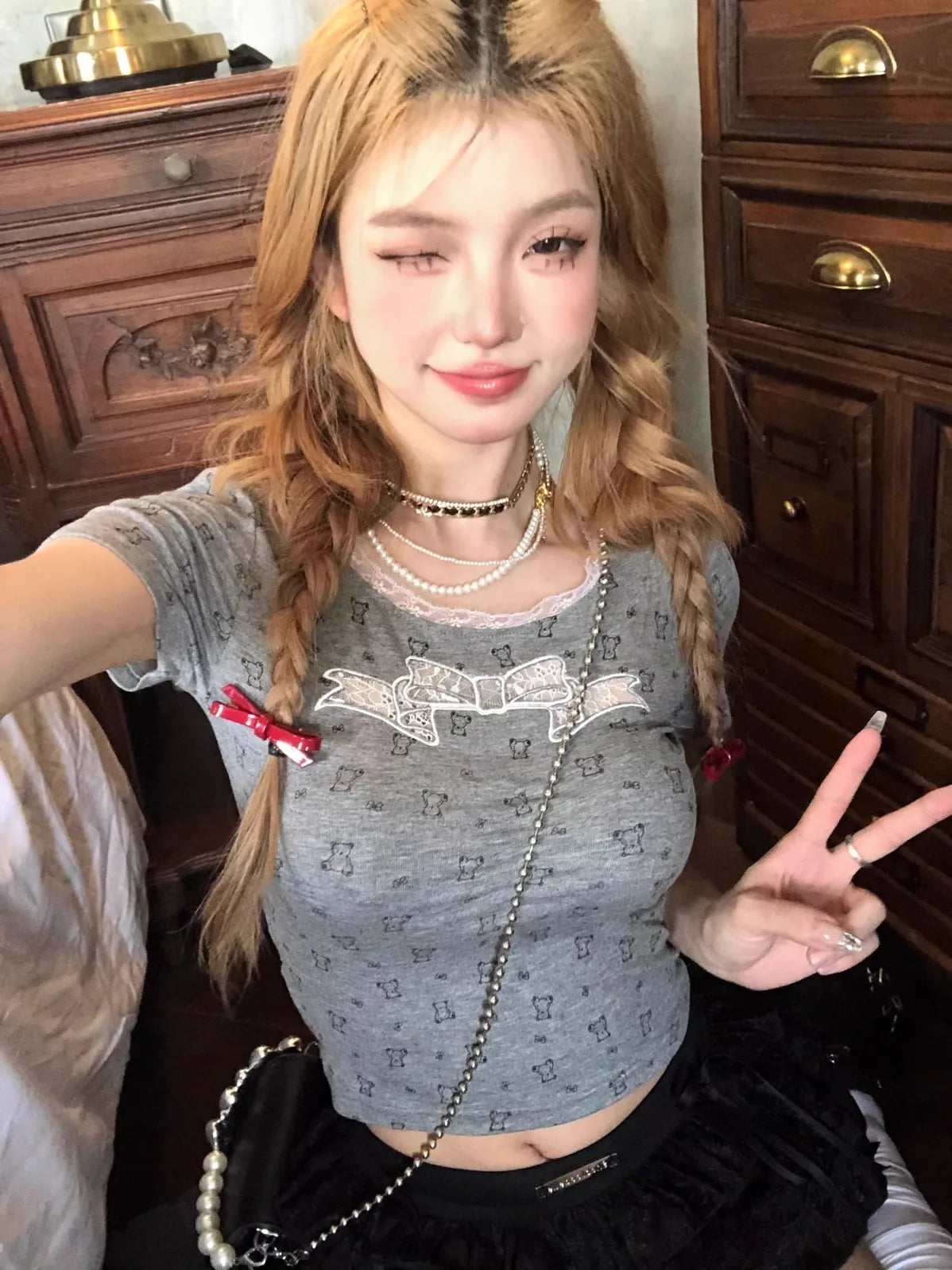 maoxiangshop - 2024 Coquette Unique Kawaii Cute Bow Bear Print Crop Lace T Shirt Women Summer Fashion Japanese Sweet Girls Fashion Cropped Tops