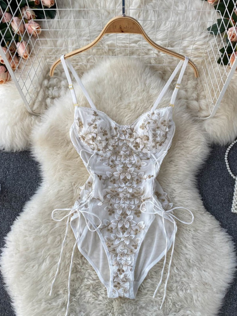 maoxiangshop Sexy See Through Mesh Patchwork Flowers Embroidery Bodysuit Women Adjustable Spaghetti Strap Padded Lace Up Bandage Body Suits