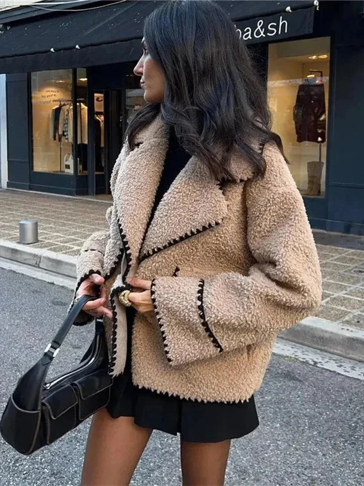 maoxiangshop - Lapel Loose Jackets Women 2024 Autumn Winter Street Long Sleeve Faux Lambswool Jacket Fashion Elegant Casual Coats Femme