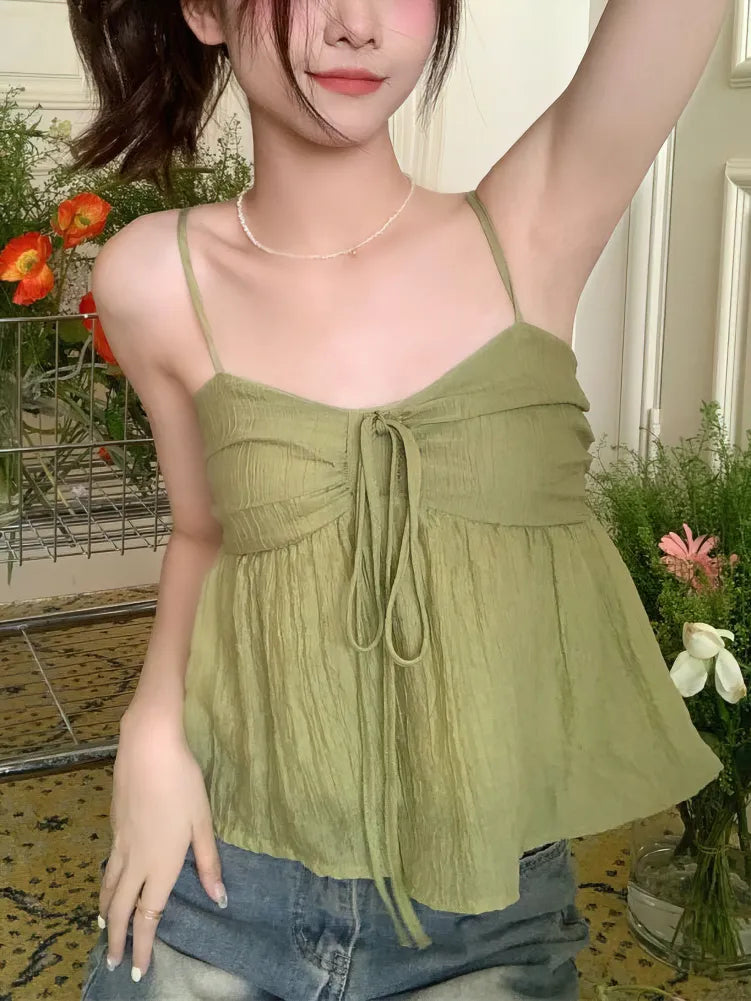 maoxiangshop-Korean Sweet Cami Top Bowknot Lace-Up Sleeveless T-Shirt Elegant Youth Clothes Women Fashion Off Shoulder