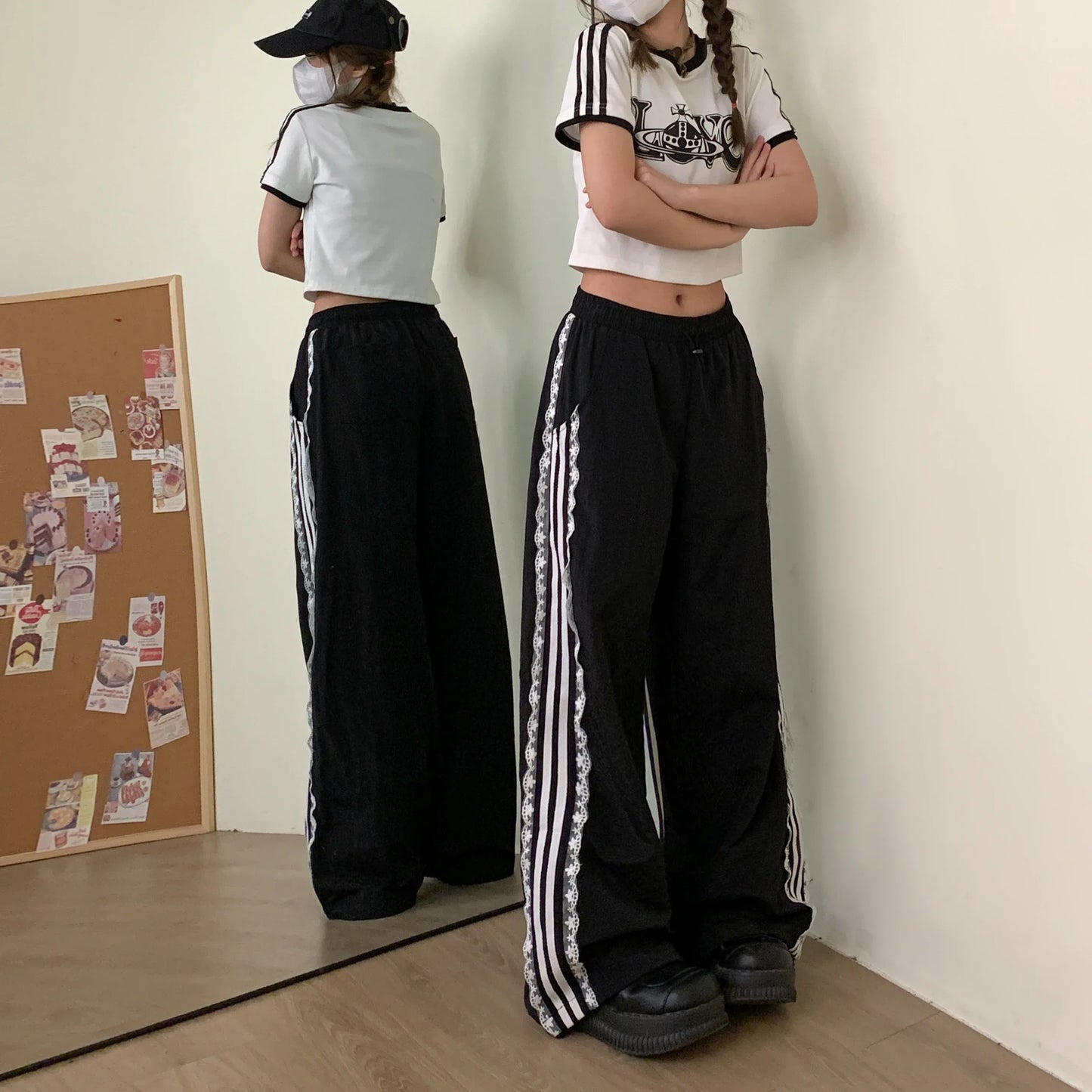 maoxiangshop - Women New Black Gothic Baggy Striped Pants 90s Vintage Oversize Y2k Trousers Streetwear Korean Harajuku Parachute Pants Clothes
