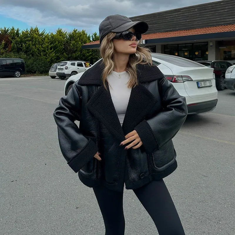 maoxiangshop - Plush Patchwork Lapel PU Leather Jackets Women Casual Loose Long Sleeved Jacket Female Autumn Winter Chic High Street Outwears