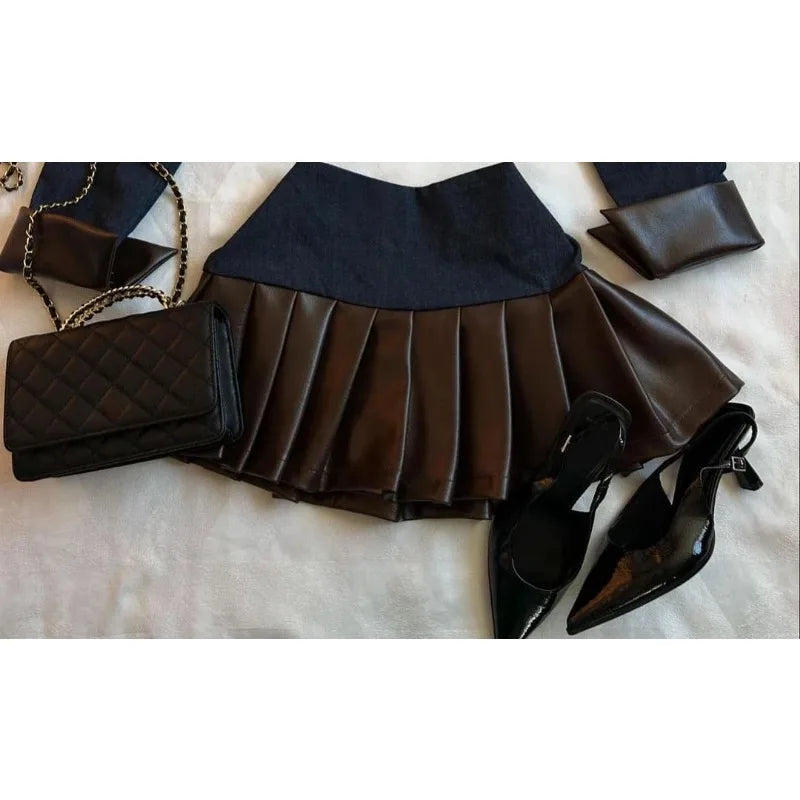maoxiangshop - Y2K Harajuku Gothic Leather Jacket Casual Skirts Gothic Fashion Leather Patchwork Two Piece Clothing gothic Women Hot Sweetheart