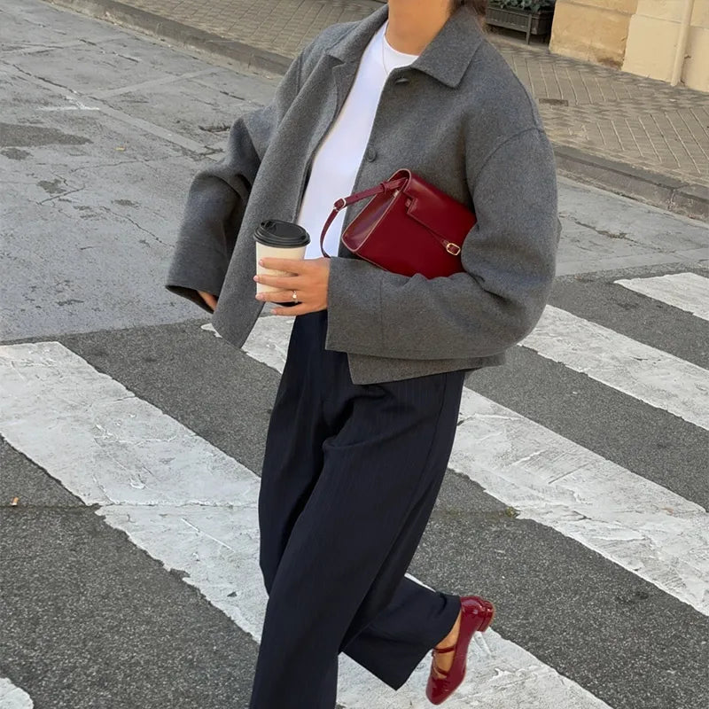 maoxiangshop - Fashion Woolen Solid Women Coat Lapel Full Sleeve Female Jacket 2024 Warm Autumn Winter Single Breasted Straight Lady Outwear