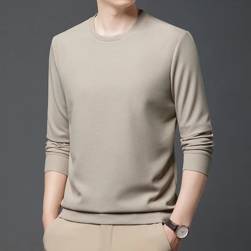 maoxiangshop Autumn Hoodies Men New Fashion Casual Slim Fit Waffle Round Neck Sweatshirts Men's Fashion Long Sleeve Undershirts
