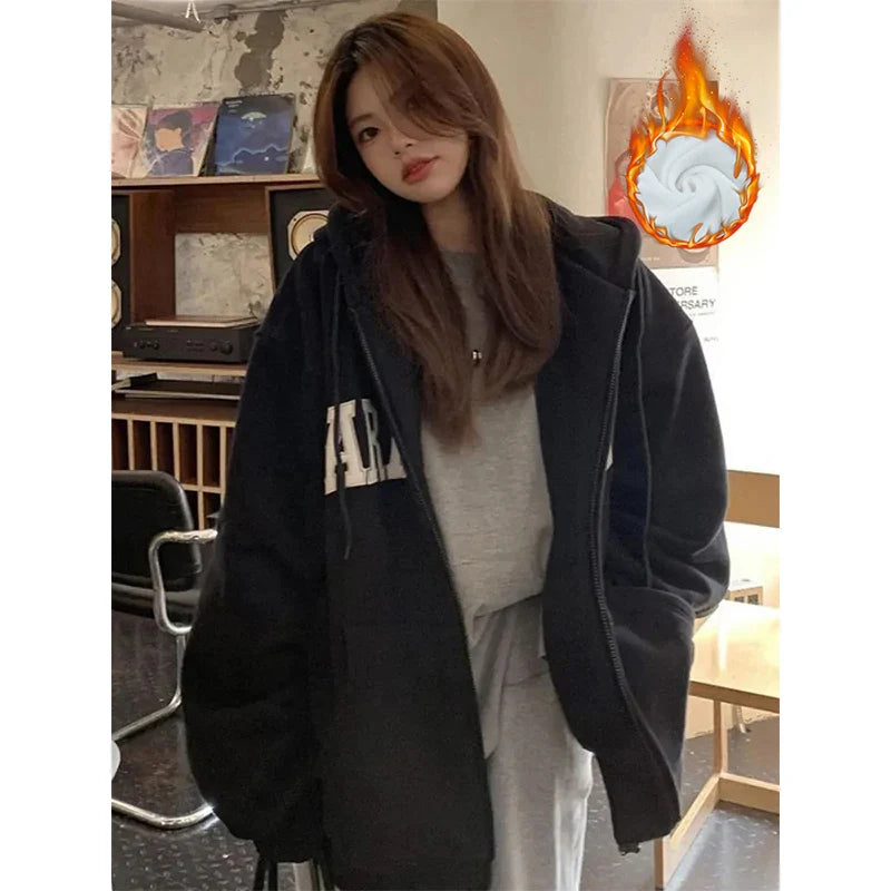 maoxiangshop Streetwear Zip Up Hoodies Women Oversized Letter Print Sweatshirt Harajuku Korean Plus Fleece Thick Casual All Match Tops
