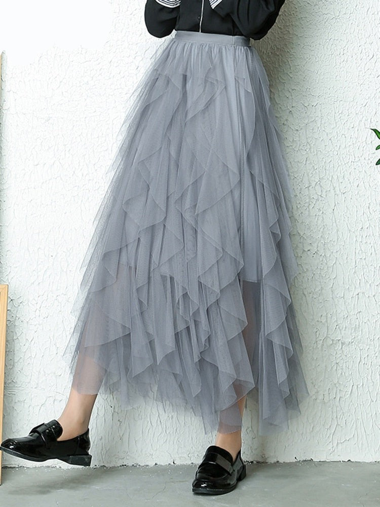 maoxiangshop Fashion Tutu Tulle Skirt Women Long Maxi Skirt Spring Summer Korean Black Pink High Waist Pleated Skirt Female