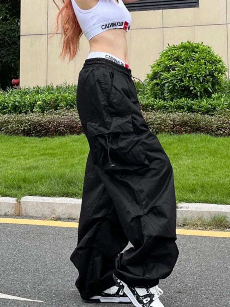 maoxiangshopY2K Parachute Black Pants Women Hippie Streetwear Oversize Pockets Cargo Trousers Harajuku Wide Leg Baggy Sweatpants
