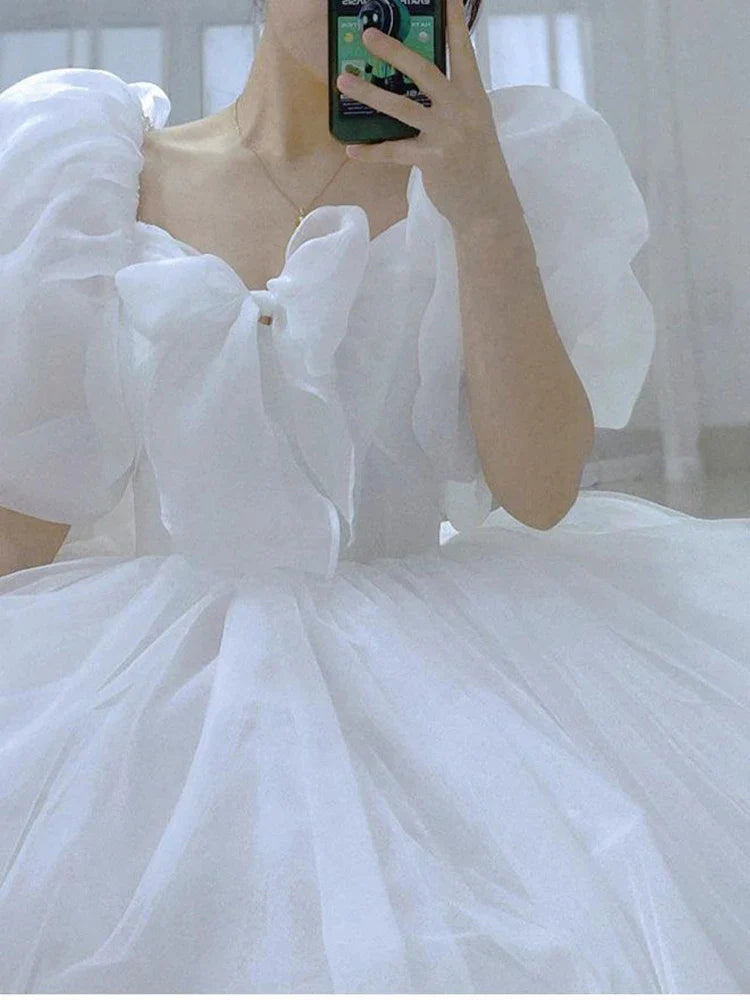 maoxiangshop White Wedding Dress Women Fairy Princess Dress Female Fashion Evening Party Dress Ladies Summer Elegant Puff Sleeve Long Dress