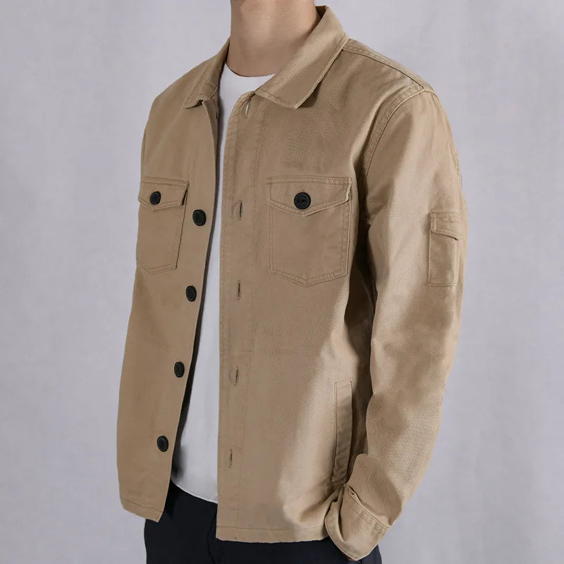 maoxiangshop 100% Cotton Tooling Japanese Jacket, New Coat Men's Long Sleeve Khaki Shirt, Casual Cotton Comfortable Thick Shirt camping