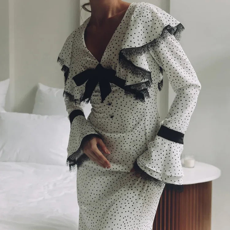 maoxiangshop - Women Ruffles A-line Long Vintage Dress Autumn New Women Elegant Long Dress Female Lace Polo Long Sleeve Slim Dot Dresses