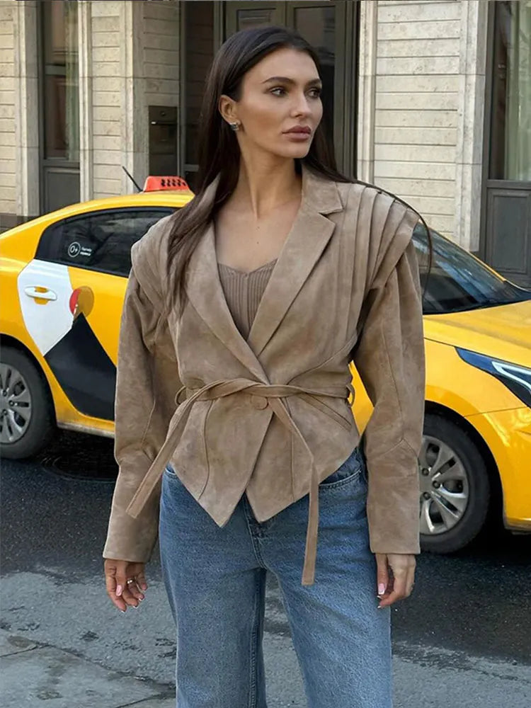 maoxiangshop - Fashion Solid Lapel Motorcycle Jackets With Belt Women Casual Long Sleeve Button Coats 2024 Winter Lady High Street Outercoat