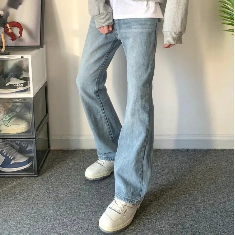 maoxiangshop S-3XL Vintage Jeans Men Chic Simple Cozy Autumn Slim Basic Fashion Flare Trouser All-match Korean Style Males Streetwear Daily