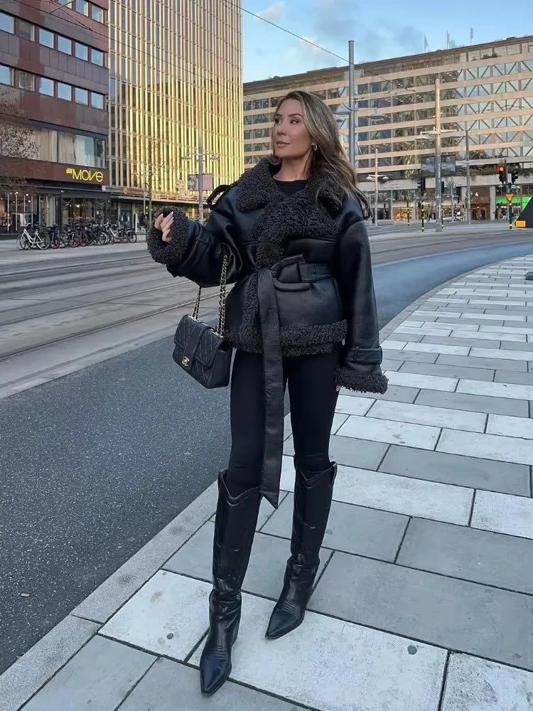 maoxiangshop - Pu Leather Women's Jacket Patchwork Belt Stand Collar Solid Female Coat 2024 Autumn Winter Highstreet Thicken Lady Overcoat
