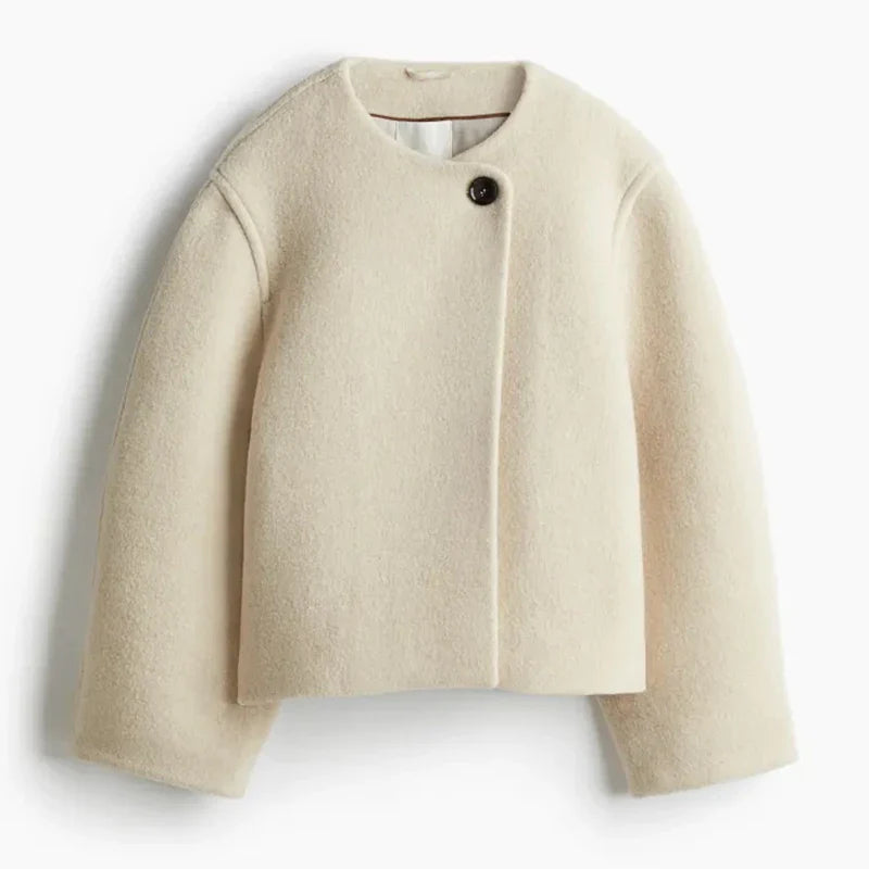 maoxiangshop - Chic Woolen Women's Short Coats O Neck Long Sleeve One Button Coat 2024 Autumn Winter Elegant Female Commute Outerwears