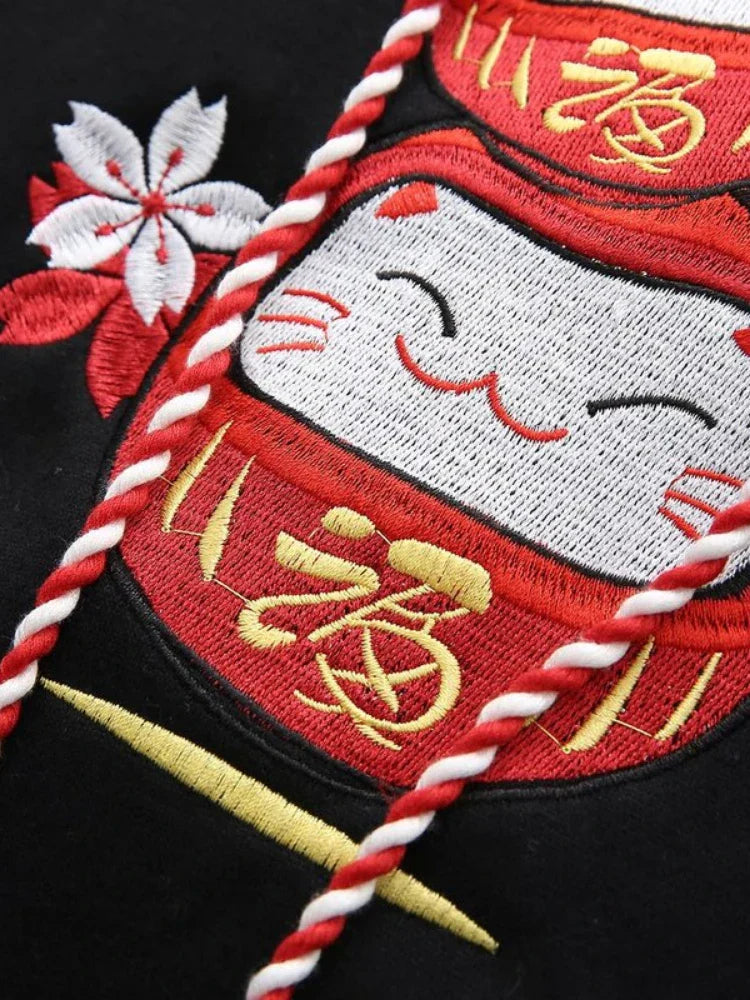 maoxiangshop Black Fleece Hooded Sweatshirt Harajuku Chinese Embroidery Oversize Pullover Hoodies Women Winter Sweet Style Female Top