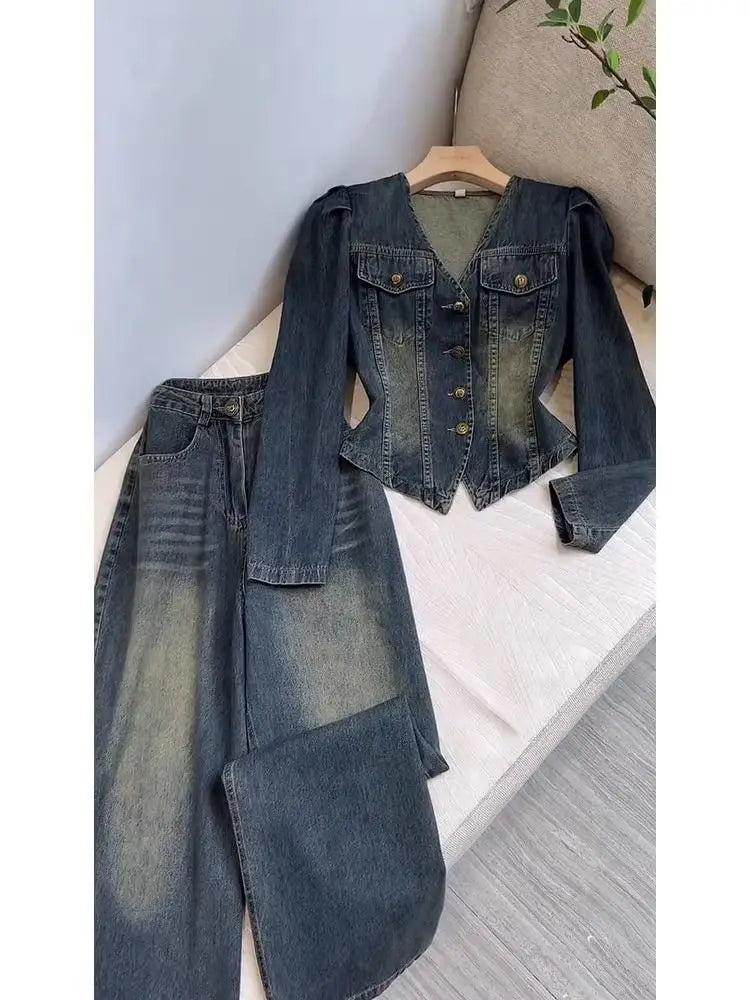 V Neck Denim Coat Wide Leg Jeans Trousers 2 Piece Sets Womens Outfits Y2k Suits Vintage Autumn Winter Jacket Loose Pants