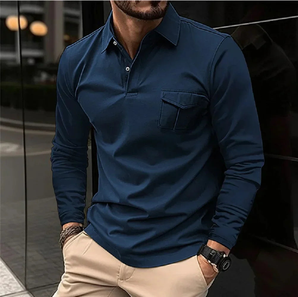 maoxiangshop Autumn And Winter New Sports Polo Shirt Men's Long-sleeved Casual Lapel Polo Shirt Solid Color Pocket T-shirt