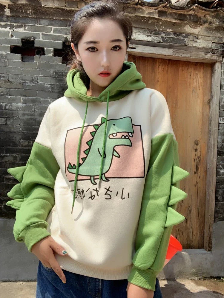 Women Dinosaur Sweatshirts Hooded Warm Fleece Hoodies Pullovers With Horns Harajuku Girls Teens Green Hoodie