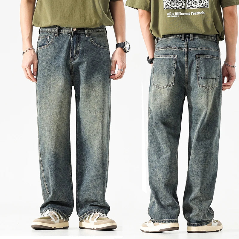 maoxiangshop Baggy Jeans Men Wide Leg Pants Dark Blue Denim Pants Straight Cut Oversize Pants Korean Style Trousers For Men Clothing