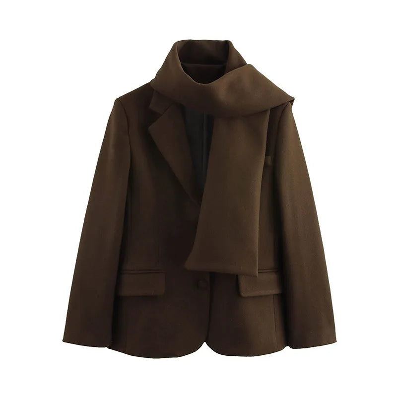 maoxiangshop - cold weather outfuts Wine Red Woolen Coat Women Fashion Lapel With Scarf Long Sleeve Female Coats 2024 Winter Single-breasted Loose Lady Outwear