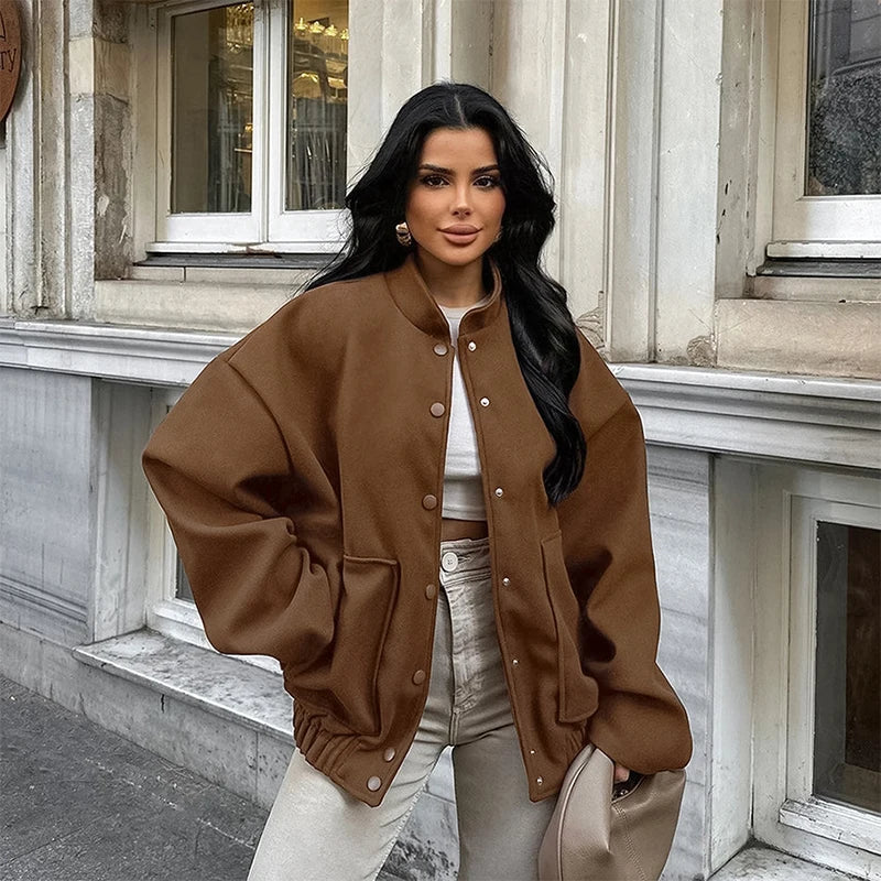 maoxiangshop - Thick Women's Autumn Bomber Jacket Woolen Single Breasted Oversized Stand Collar Casual Pocket Coats All-match Chic Outwear