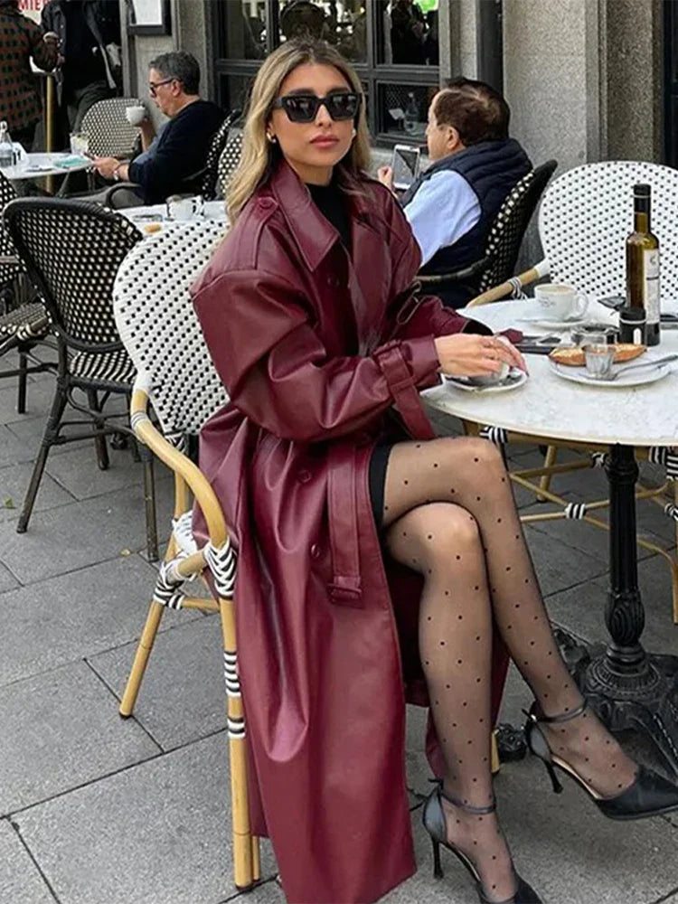 maoxiangshop - Fashion Retro Wine Red Long Women's Coat Turndown Collar Double Breasted Coats with Belt Vintage Windproof Winter Overcoat