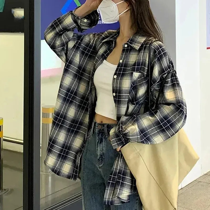 maoxiangshop Autumn All Match Plaid Shirts for Women Korean Fashion Button Up Oversized Shirt Woman Aesthetic Loose Blouse Female