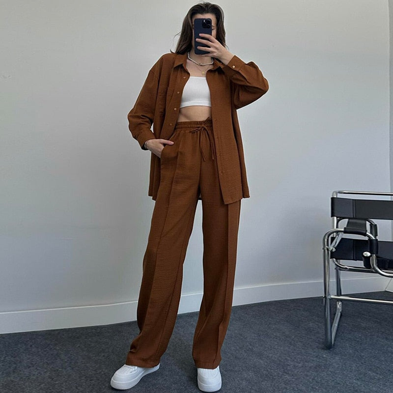maoxiangshop New Womans Suit Autumn Sleepwear Two-piece Women's Homewear Long Sleeve Cropped Button Shirt + Wide Leg Pants Suit Ladies