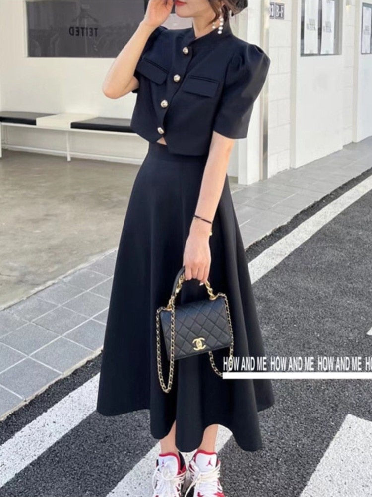 maoxiangshop High Quality New Summer Fashion Korean Sweet Elegant 2 Piece Set Women Crop Top Shirt Blouse Midi Skirt Suits Two Piece Outfits