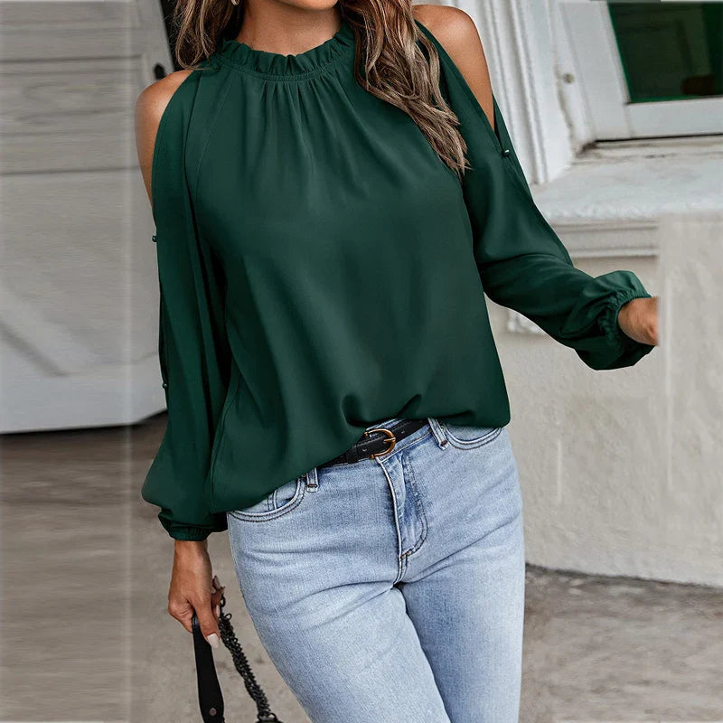 maoxiangshop Autumn and Winter New Women's Clean Color Lotus Leaf Round Neck Long Sleeve Pleated Off Shoulder Fashion Women's Top