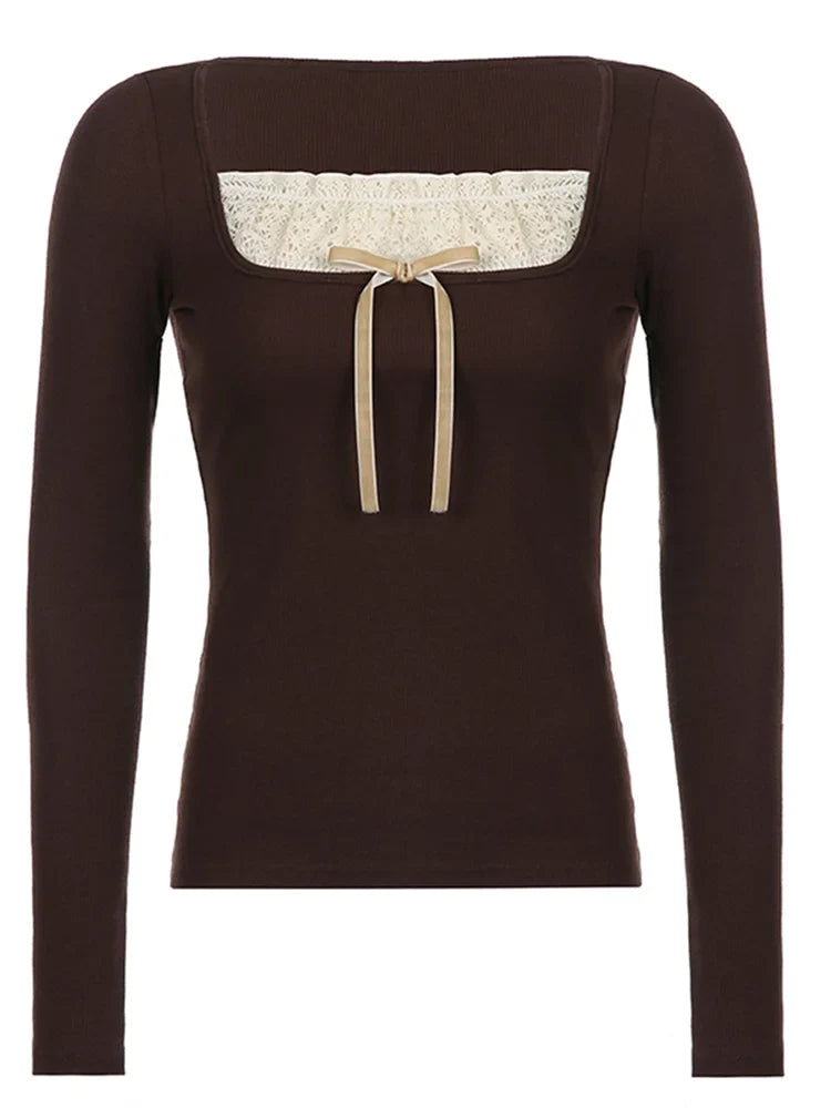 maoxiangshop Y2k Women's Long Sleeve Knitted Tops Lace Stitching Neckline Knitwear Bowknot Decoration Slim-Fit Tshirt Pullovers Clubwear