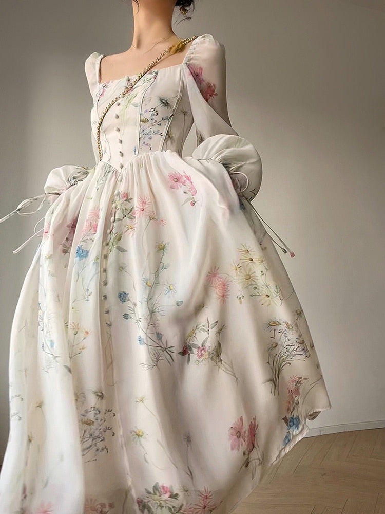 maoxiangshop French Elegant Floral Midi Dress Chiffon Long Sleeve Evening Party Dress Woman Beach Fairy One Piece Dress Korean Summer