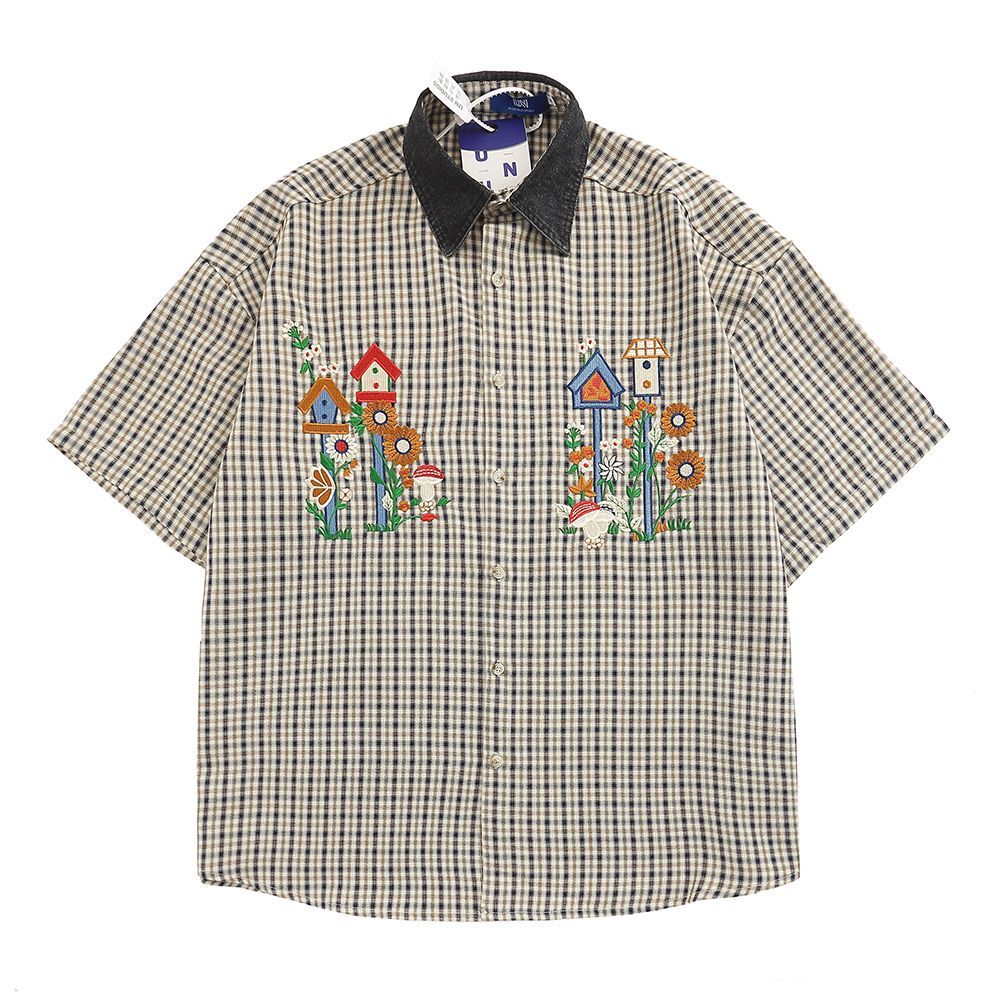 maoxiangshopJapanese Women's Plaid Shirt Vintage Flower Embroidery Blouse Harajuku Fashion Short Sleeve Denim Tops Preppy Korean Girls