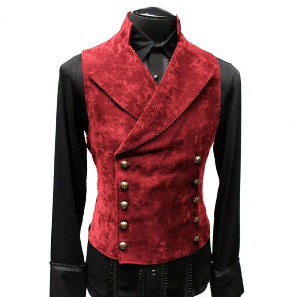 maoxiangshop Vintage Red Suede Suit Vest Men Waistcoat Stand Collar Solid Color Double Breasted Slim-Fit Vest Steampunk Gilet Homme