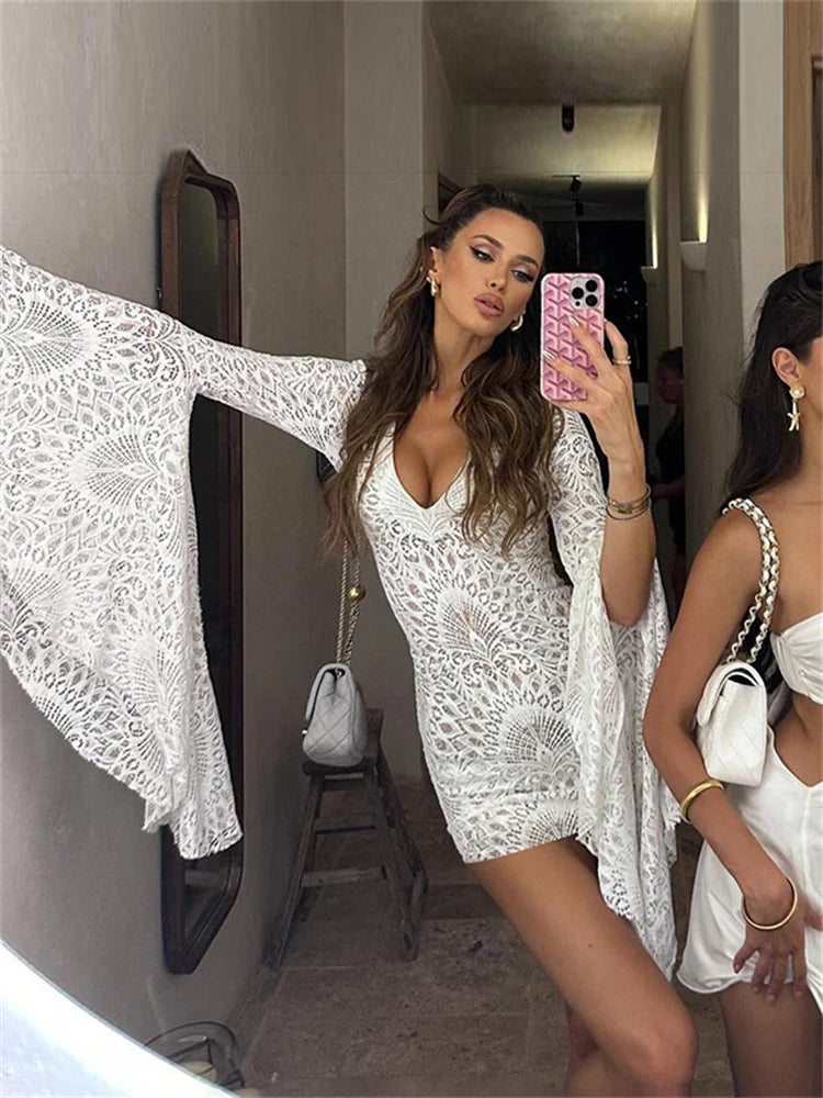 maoxiangshop - Low Cut V-Neck Lace Patchwork Mini Dress Women Sexy Bell Long Sleeves Slim Temperament Short Dress Autumn Partywear