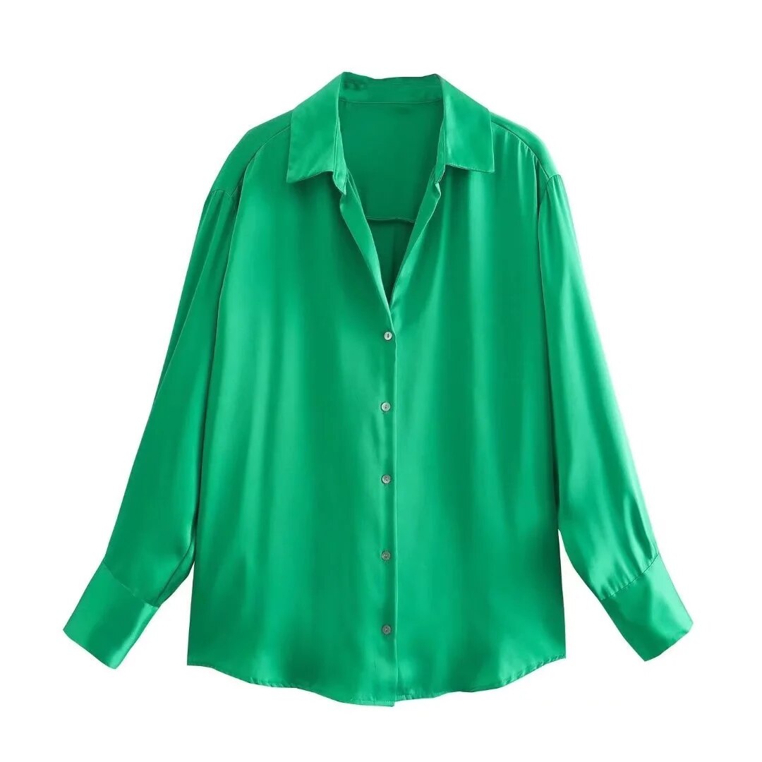 maoxiangshop Women's Shirt Spring Autumn Fashion Satin Soft Casual Blouses Loose Streetwear Vintage Shirts Woman Tops