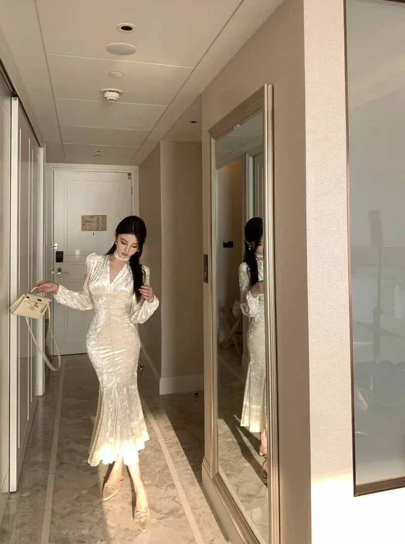maoxiangshop Elegant Chic Single Breasted Velvet Midi Dresses for Women Spring Autumn Vintage Evening Party Slim Mermaid Female Clothing Robe