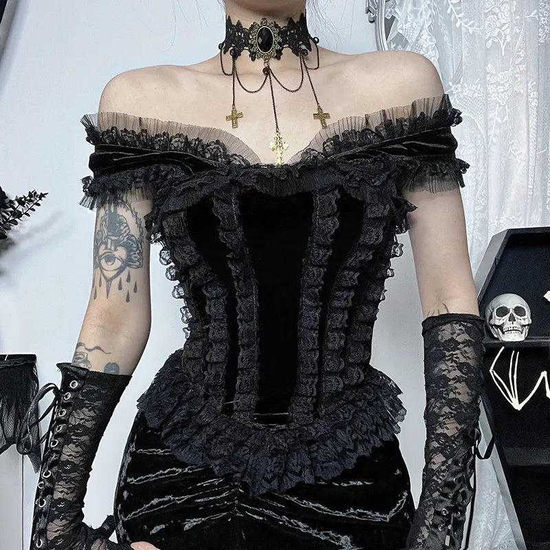 maoxiangshop Harajuku Velet Lace Trim Top Women Mall Goth Aesthetic Grunge T Shirt Corset Crop Tank Top E-girl Emo Streetwear