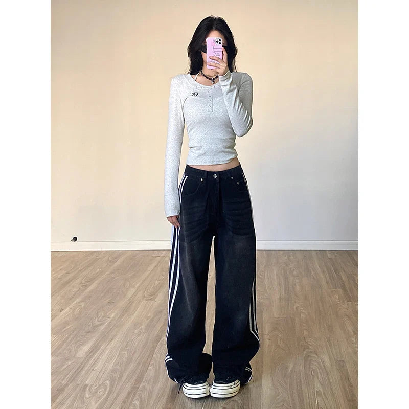Black High Waisted Women Straight Jeans Streetwear Fashion Contrasting Colors Vintage Wide Leg Winter Female Denim Trouser