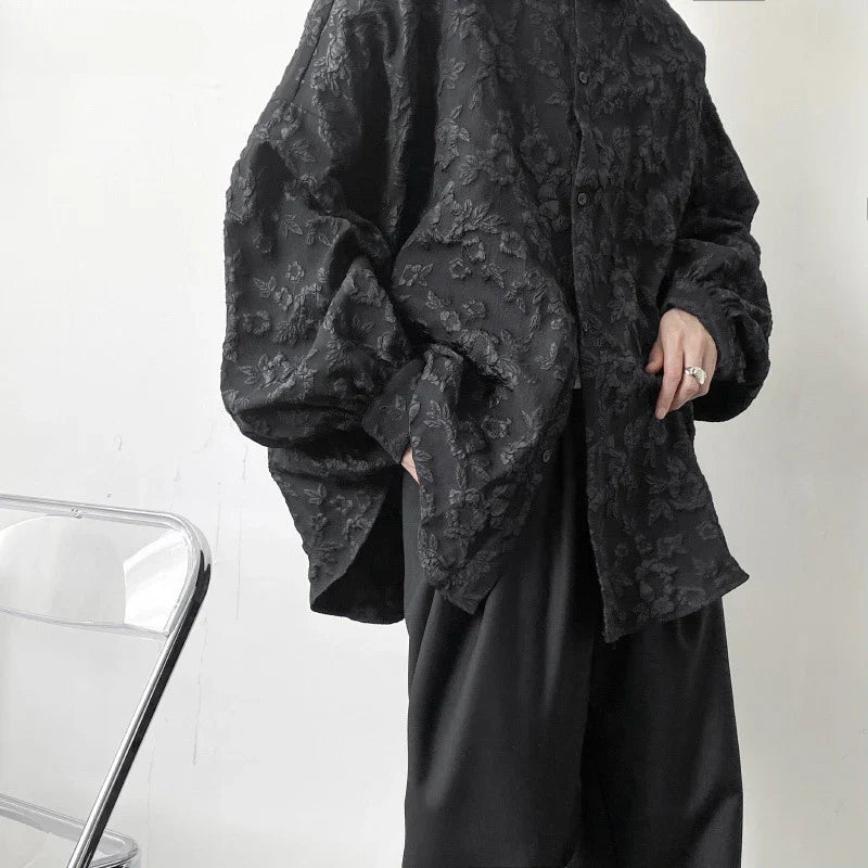 maoxiangshop Shirts Men Floral Japanese Style Fashion Loose Pleated Long Sleeve Vibe All-match High Street Youthful Cool Designed Vintage