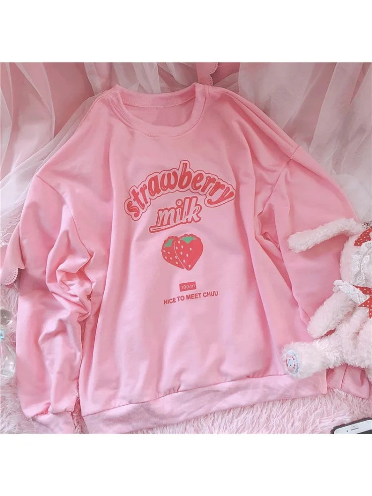 3XL Harajuku Kawaii Strawberry Pink Sweatshirts Fleece Sweatshirt Women Kpop Chic Cute Girls Top Y2k Clothes