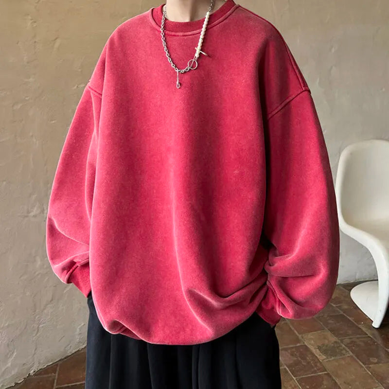 maoxiangshop American Washed Old Pullovers Sweatshirts Men Loose Solid Color Autumn Large Size Warm O Neck Tops Hip Hop Y2k Sweatshirt
