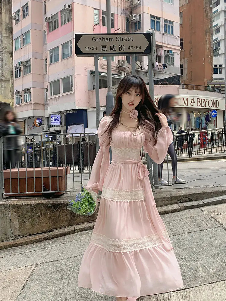 maoxiangshop - Autumn Long Sleeve Elegant Lace Dress Woman French Style Fashion Midi Dress Casual Party Slim One Piece Dress Korean Chic