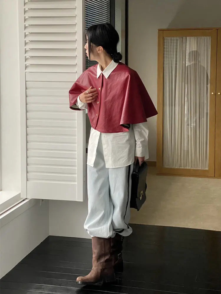 maoxiangshop - Solid Color Leather Women's Cloak Shawl Fashion Round Neck Single Breasted Short Tops Autumn Casual Loose Retro Women Jacket