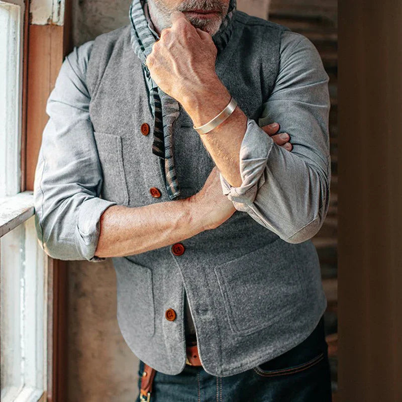 maoxiangshop Multi Pockets Patchs Mens Vest Jackets Solid Color V Neck Sleeveless Buttoned Blazer Coats For Men Spring Summer Vintage Outfits