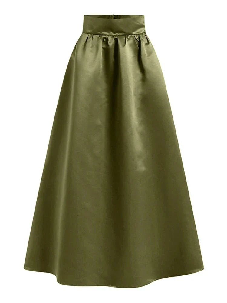maoxiangshop Women Autumn Satin Skirt New A-line Floor Length Solid Color High Waist Dress Elegant Vintage Casual Oversized Long Robe