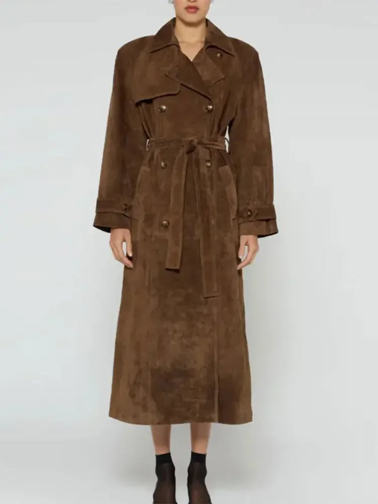maoxiangshop - Fashion Solid With Belt Suede Long Jacket 2024 Women Chic Button Lapel Oversize Loose Overcoat Autumn Female High Street Coat