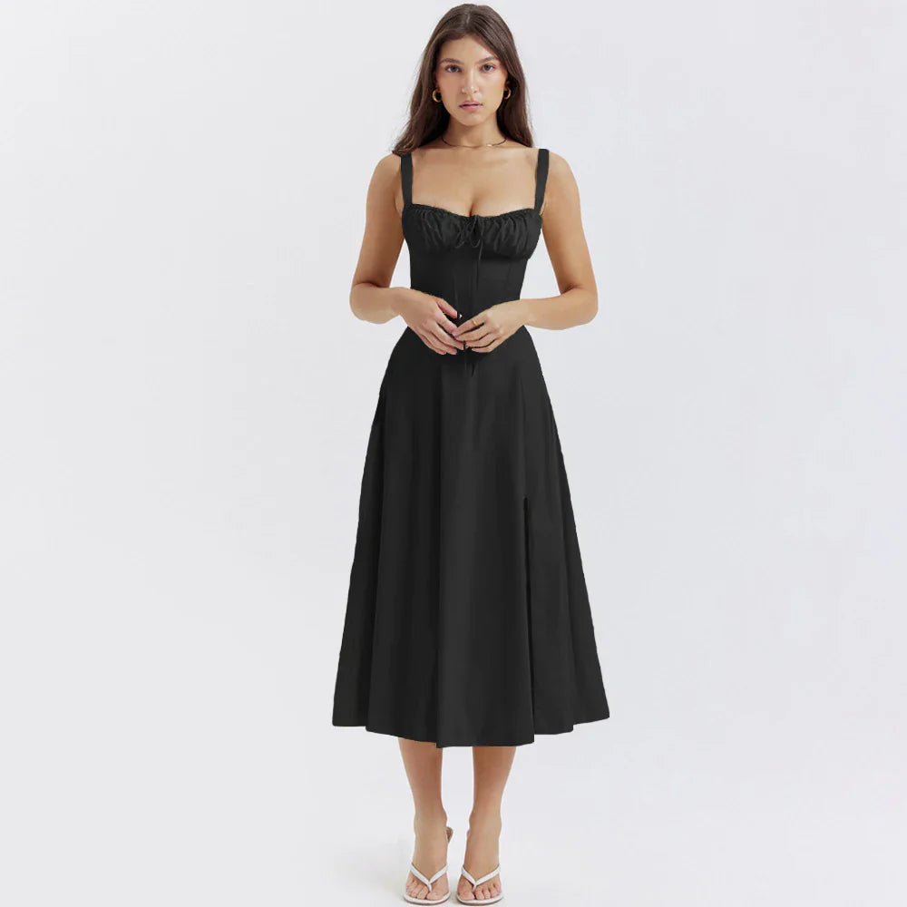 Elegant A Line Midi Dress Sexy Spaghetti Strap Lace Up Red Holiday Party Dresses Split Summer Dresses Women