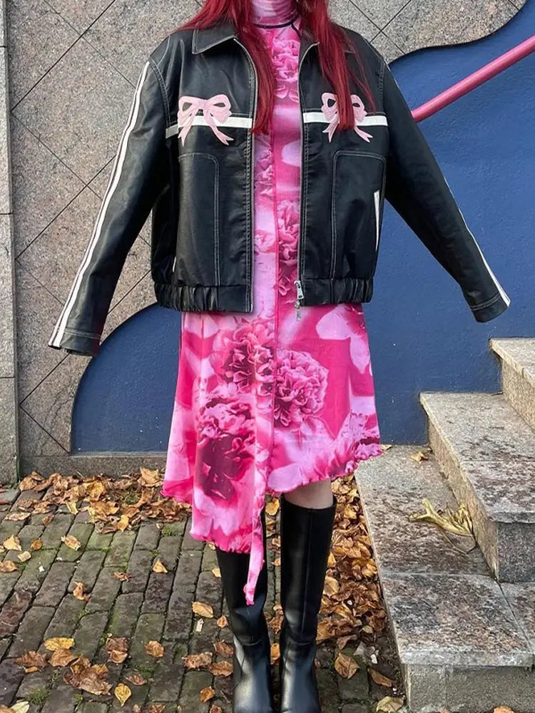 maoxiangshop - Chic Pink Bow Pu Leather Y2k Jacket Women Autumn Vintage Warm Long Sleeve Coat Zipper Coat Lady High Street Midnight Outerwear